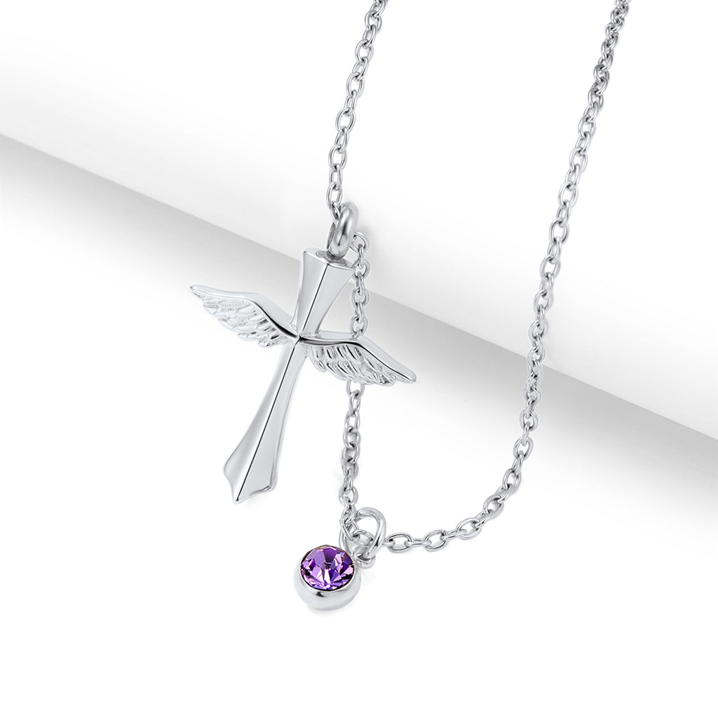 U7 Jewelry Birthstone Angel Wing Cross Cremation Necklace For Ashes 