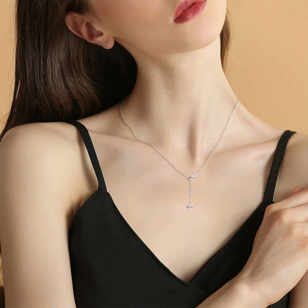 U7 Jewelry Dainty Infinity Y Lariat Cross Necklace for Women 925 Sterling Silver 