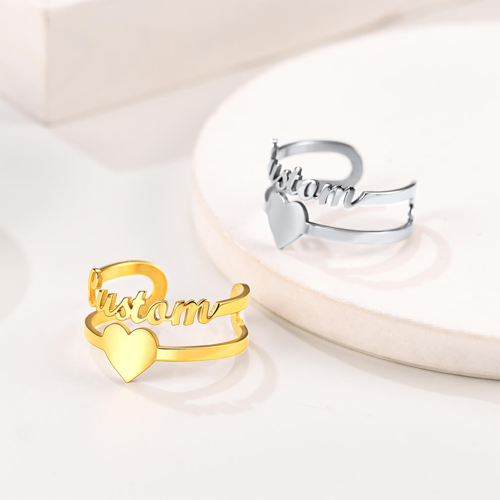 Heart Shape Gold Plated Custom Name Ring for Women 