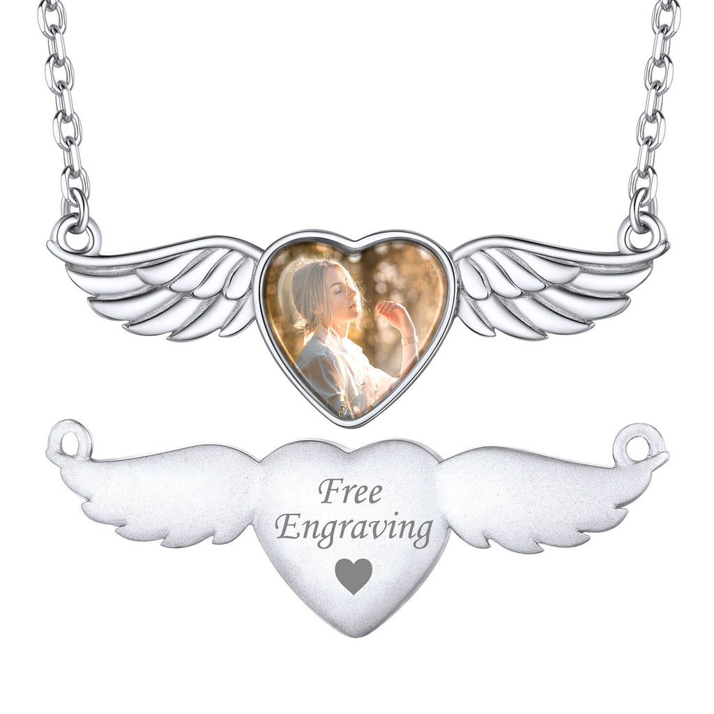 U7 Jewelry Custom Silver Engraved Angel Wing Pendant Message and Photo Necklace 