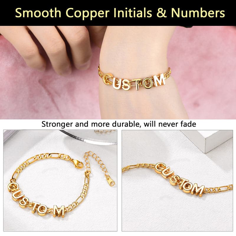 Custom Gold Plated A-Z Initials Figaro Chain Bracelet 