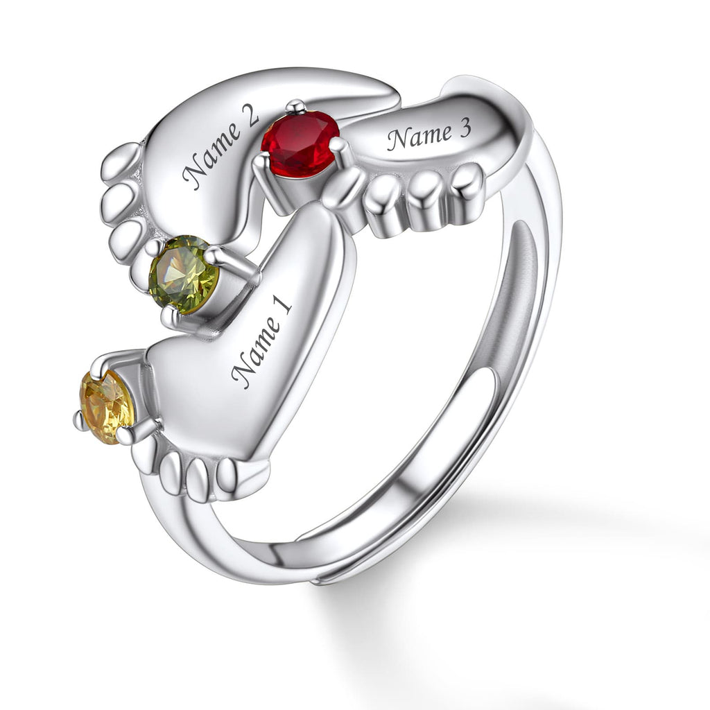 Custom Name Sterling Silver Baby Feet Ring with Birthstone 