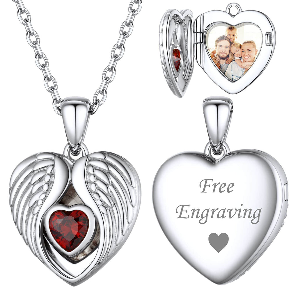 U7 Jewelry Sterling Silver Custom Photo and Message Necklace Angel Wing Heart Pendant 