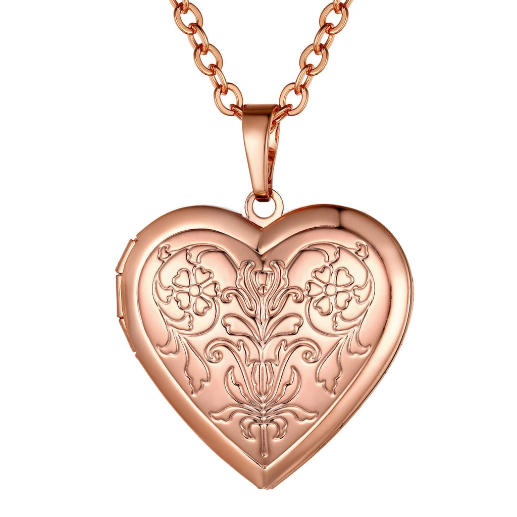 U7 Jewelry Engraved Heart Photo Locket Necklace With Flower 
