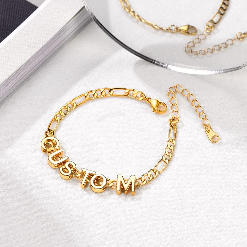 Custom Gold Plated A-Z Initials Figaro Chain Bracelet 