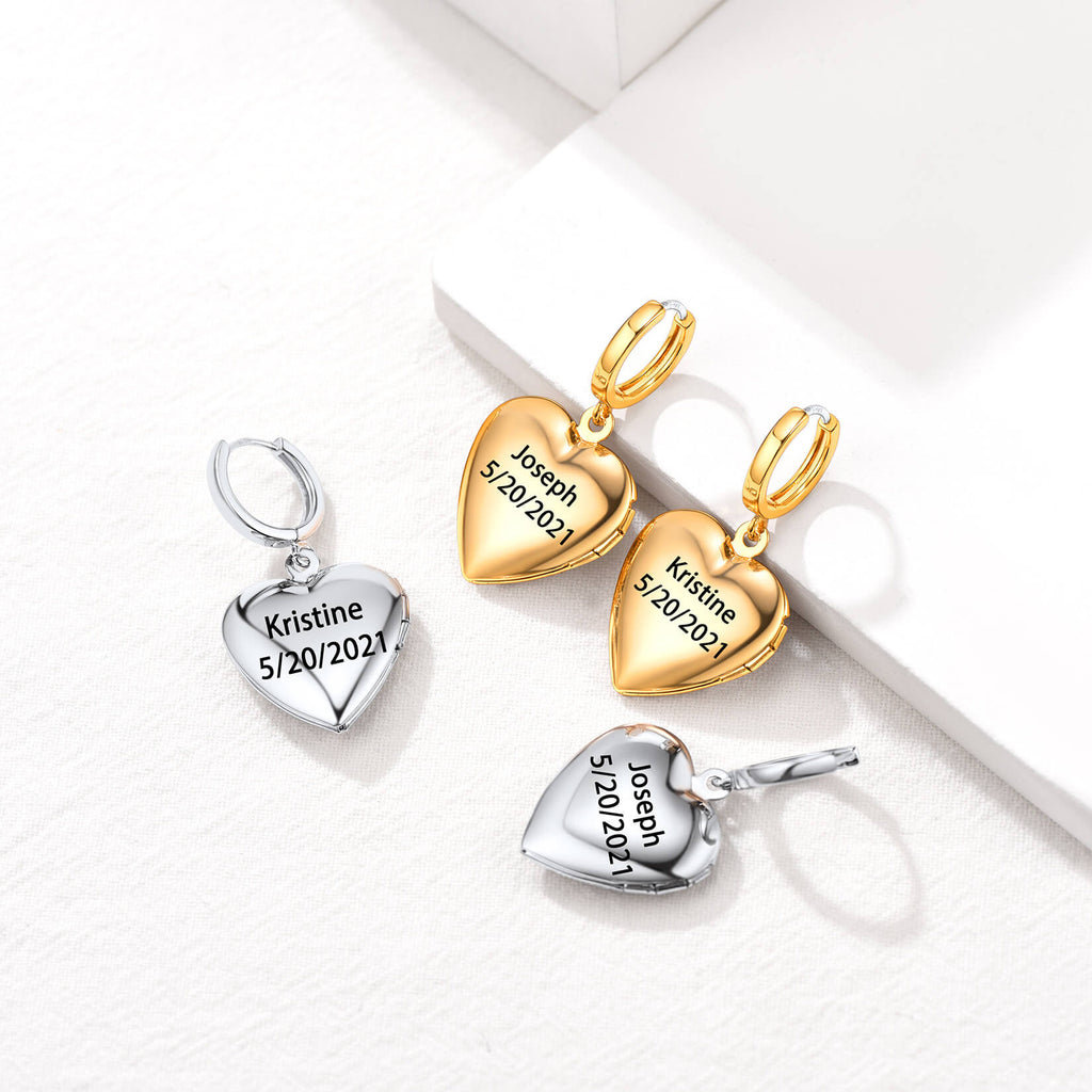 U7 Jewelry Engraved Rose Heart Photo Locket Earrings 