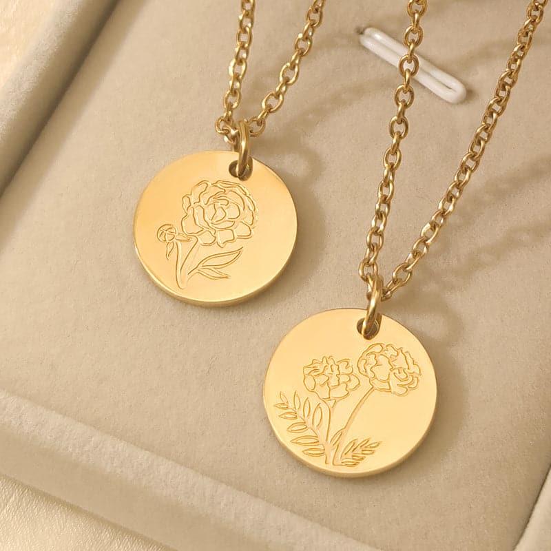 Personalized Custom Engraved Birth Flower Disc Necklace for Women 