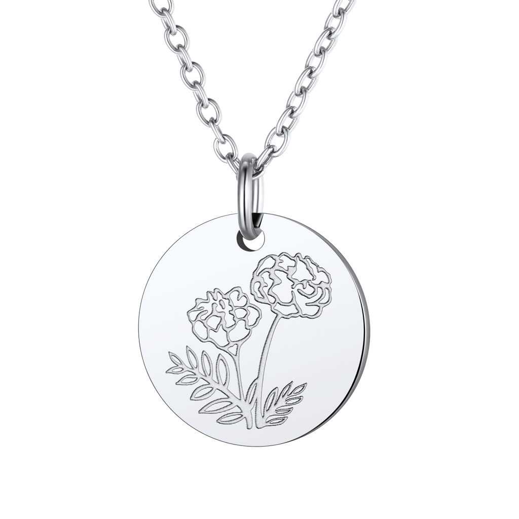 Personalized Custom Engraved Birth Flower Disc Necklace for Women 