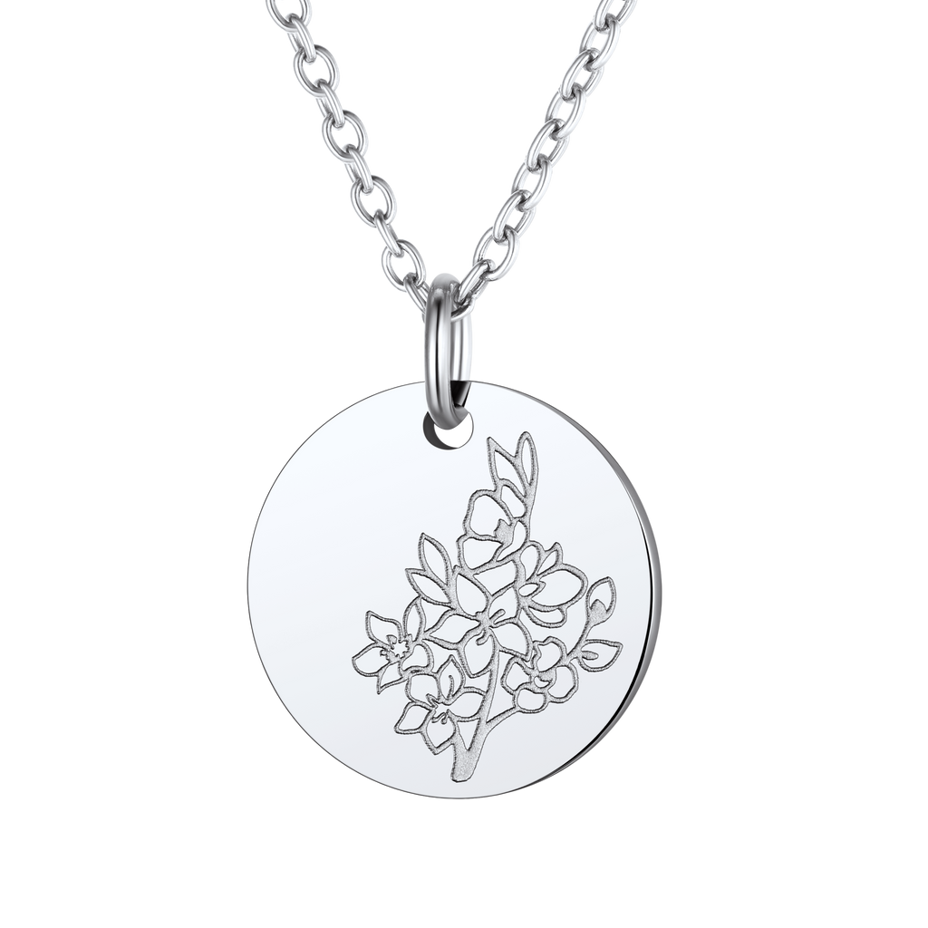 Personalized Custom Engraved Birth Flower Disc Necklace for Women 