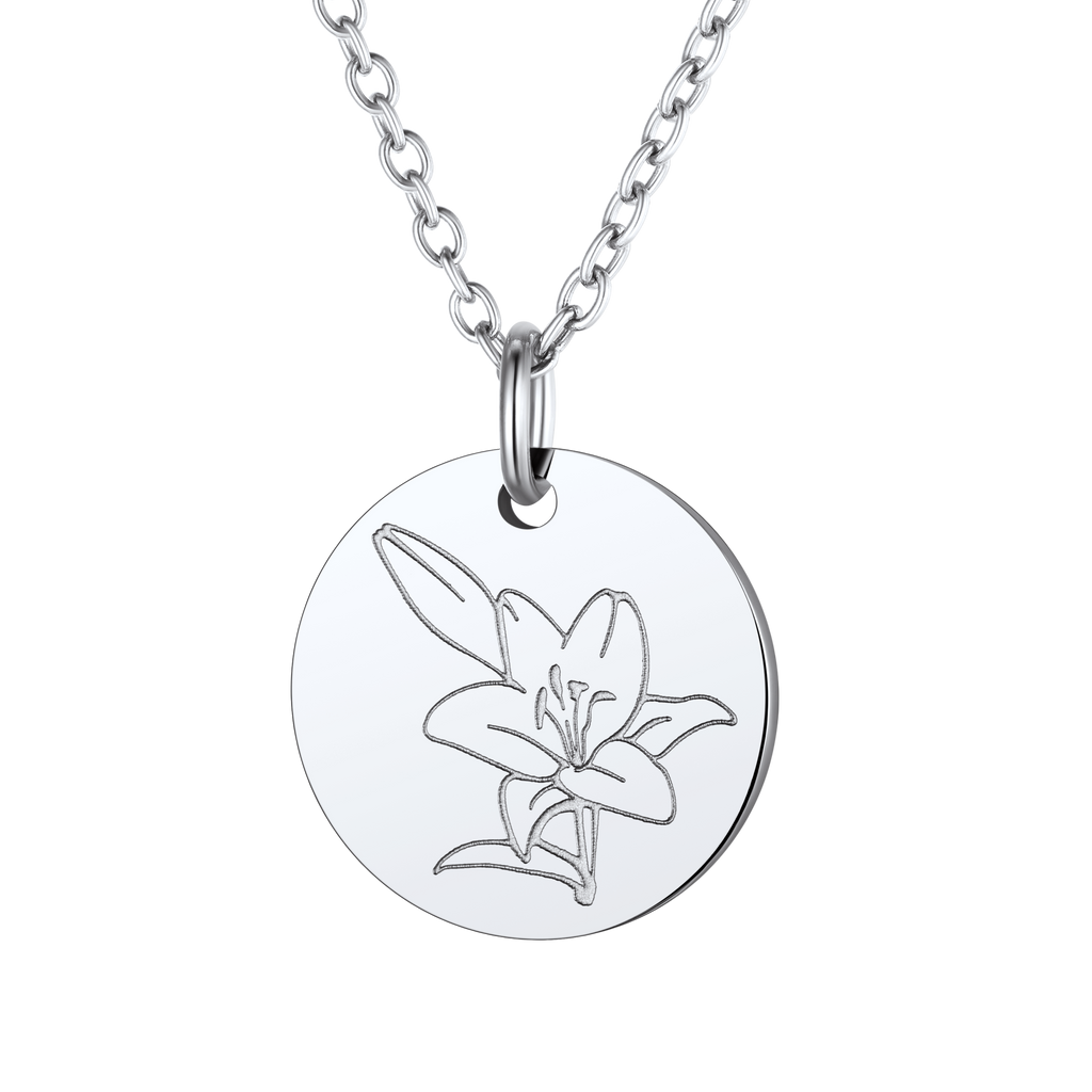 Personalized Custom Engraved Birth Flower Disc Necklace for Women 