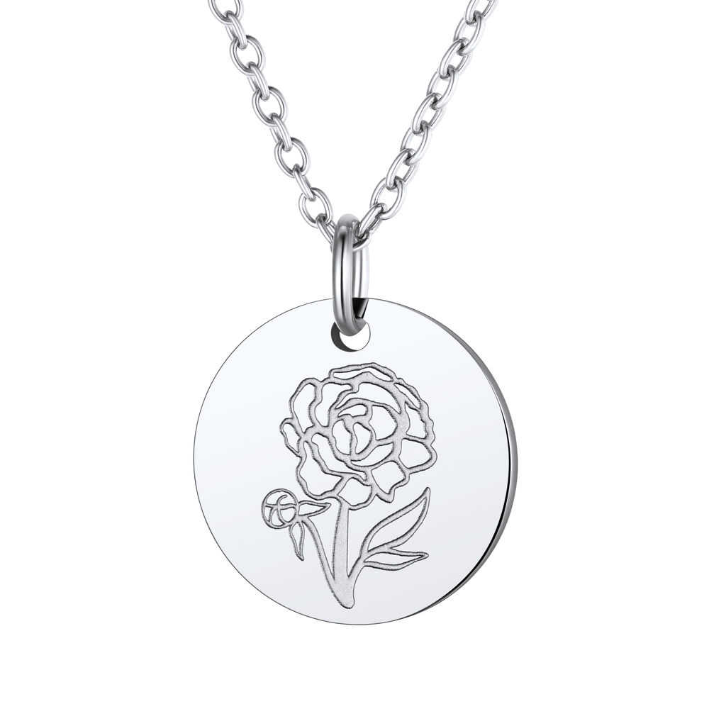 Personalized Custom Engraved Birth Flower Disc Necklace for Women 