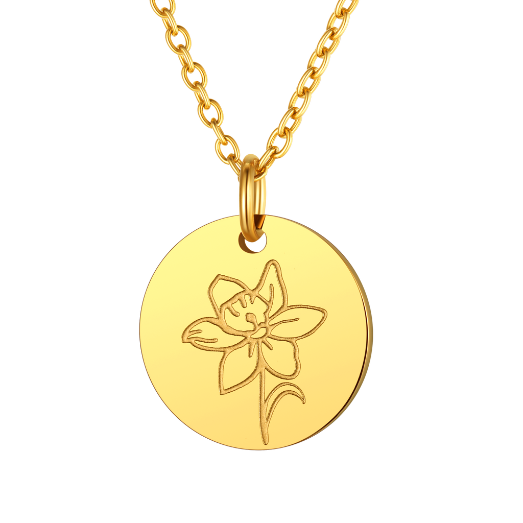 Personalized Custom Engraved Birth Flower Disc Necklace for Women 