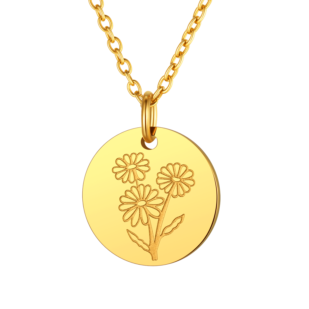 Personalized Custom Engraved Birth Flower Disc Necklace for Women 