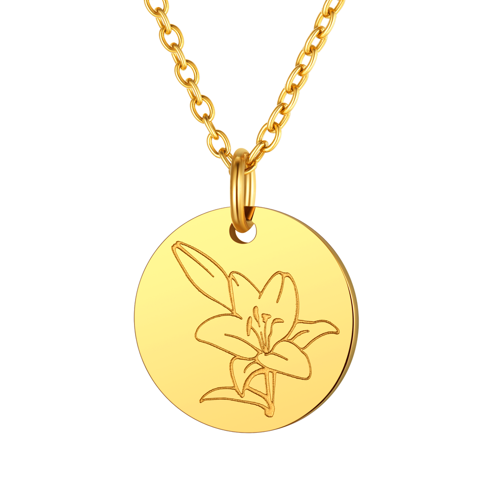 Personalized Custom Engraved Birth Flower Disc Necklace for Women 