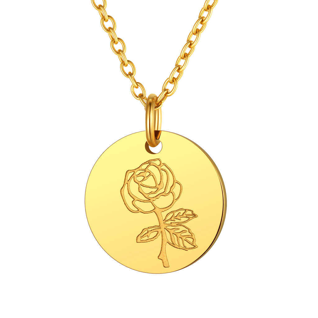 Personalized Custom Engraved Birth Flower Disc Necklace for Women 