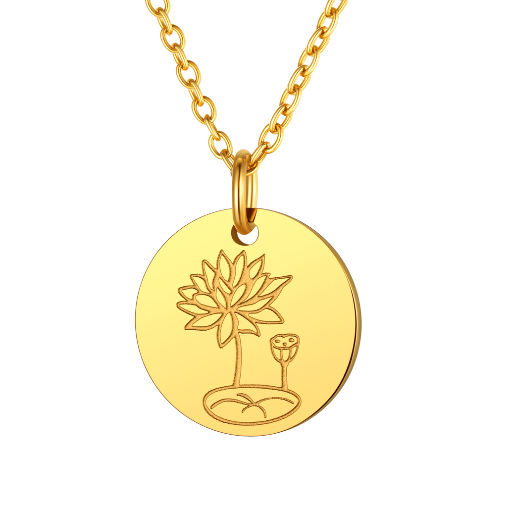 Personalized Custom Engraved Birth Flower Disc Necklace for Women 