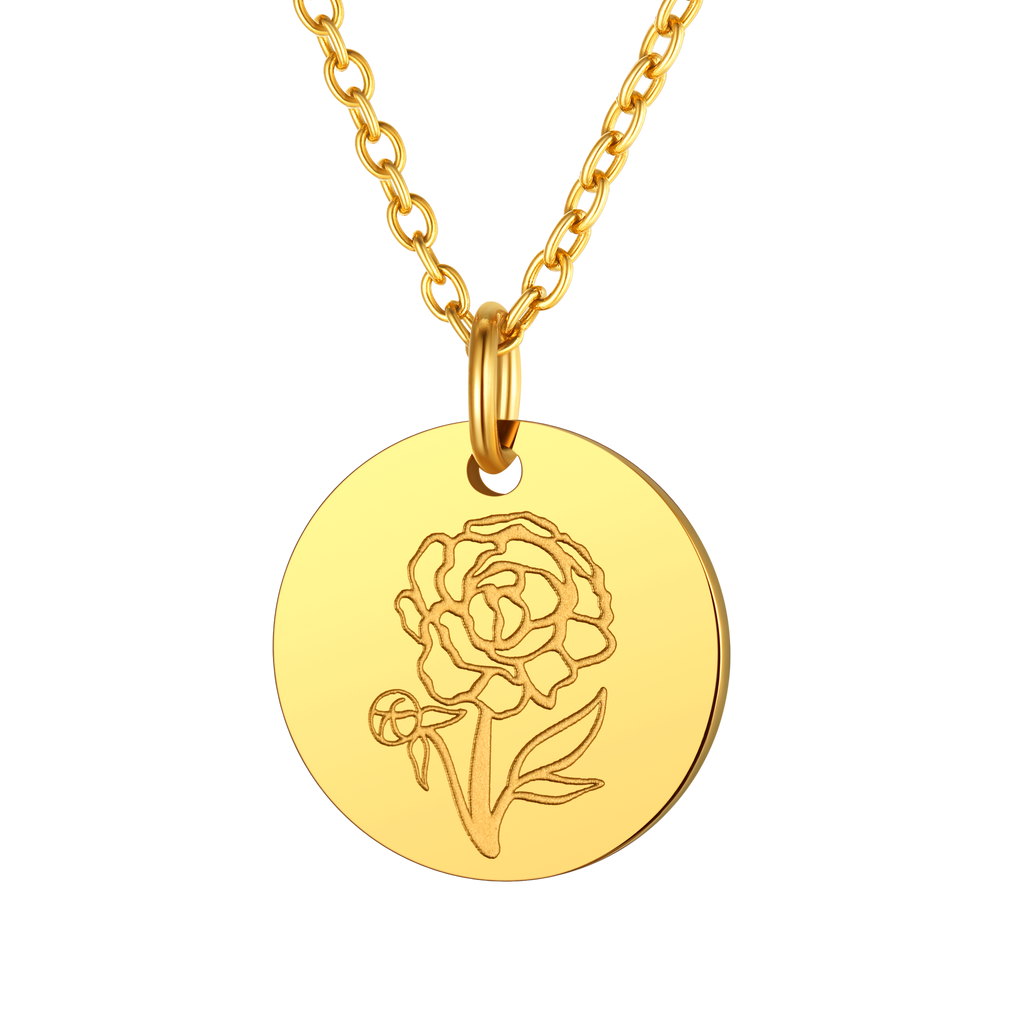 Personalized Custom Engraved Birth Flower Disc Necklace for Women 