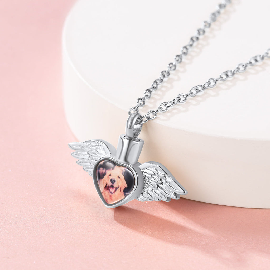 U7 Jewelry Engraved Wing Urn Necklace for Ashes with Photo 
