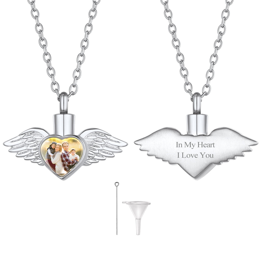 U7 Jewelry Engraved Wing Urn Necklace for Ashes with Photo 