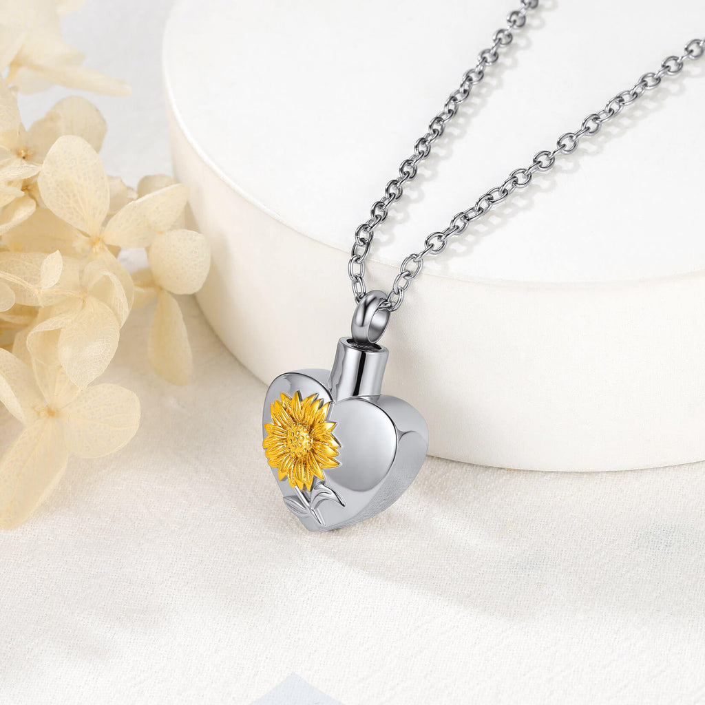 U7 Jewelry Heart Urn Necklaces for Ashes Love Sunflower Locket Pendant Cremation Jewelry 