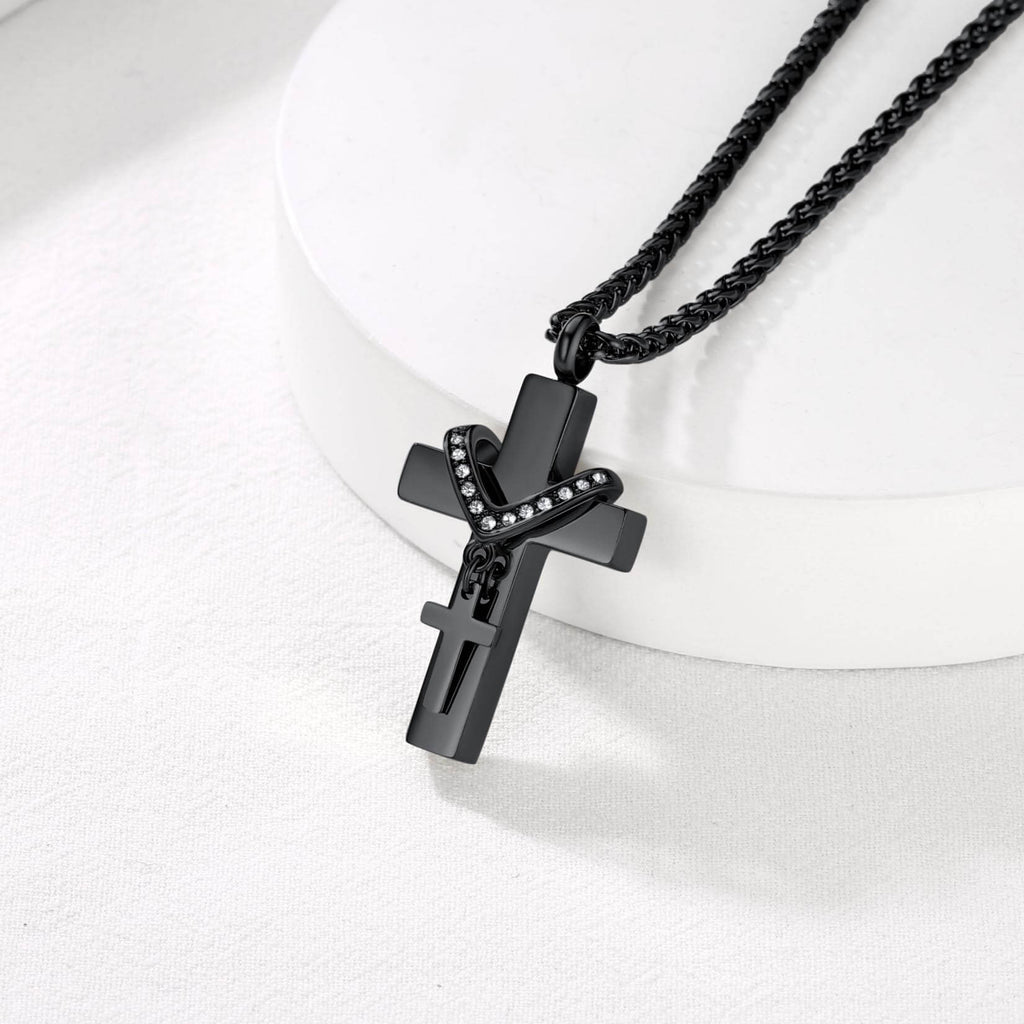 U7 Jewelry Engraved Cross Cremation Necklace For Ashes With Cubic Zirconia 