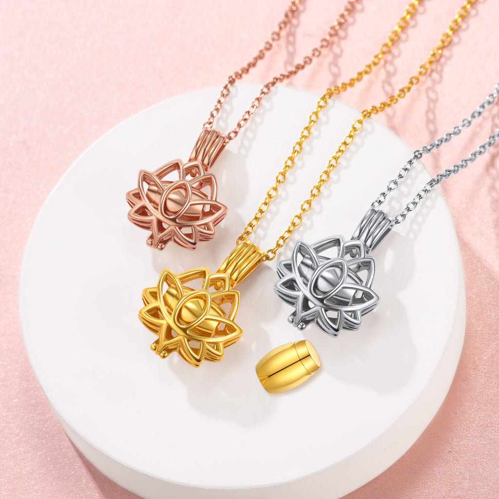 U7 Jewelry Lotus Flower Cremation Urn Necklace For Ashes 