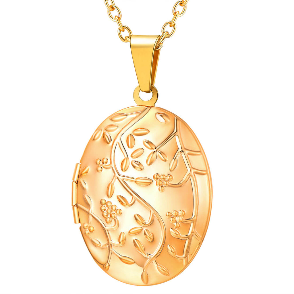 U7 Jewelry Custom Oval Picture Locket Necklace with Flower Branch 
