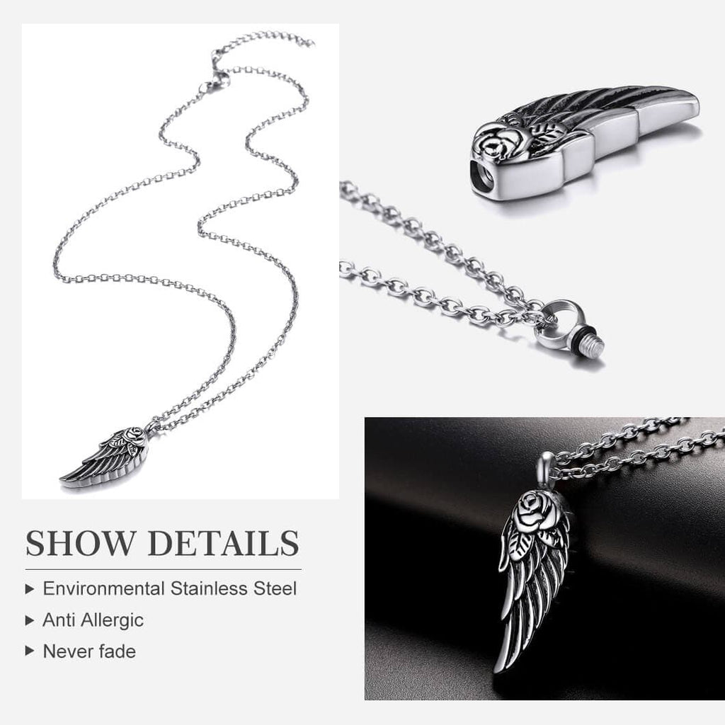 U7 Engraved Angel Wing Cremation Urn Necklace For Ashes 