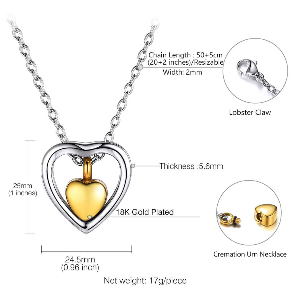 U7 Jewelry Double Heart Urn Necklace for Ashes 18K Gold Plated Cremation Jewelry 