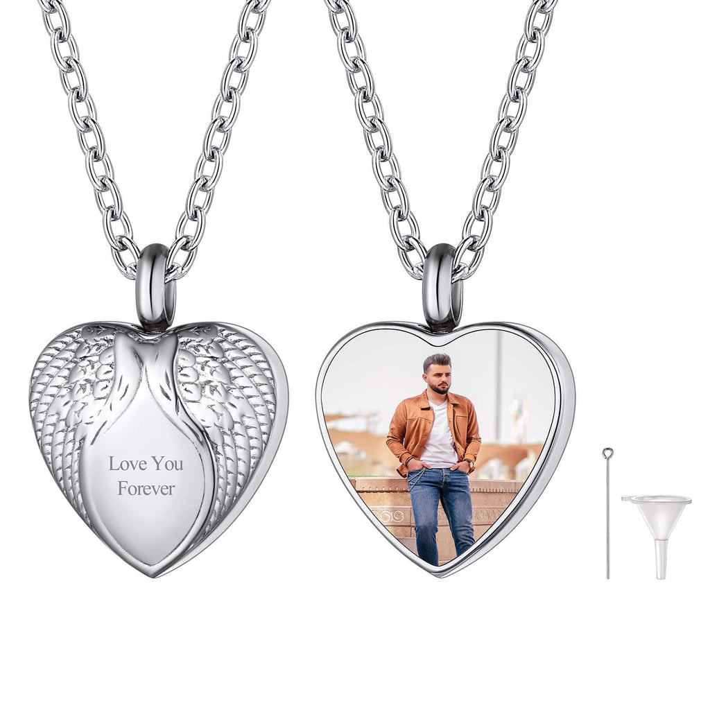 U7 Jewelry Heart Photo Angel Wing Cremation Urn Necklace For Ashes 