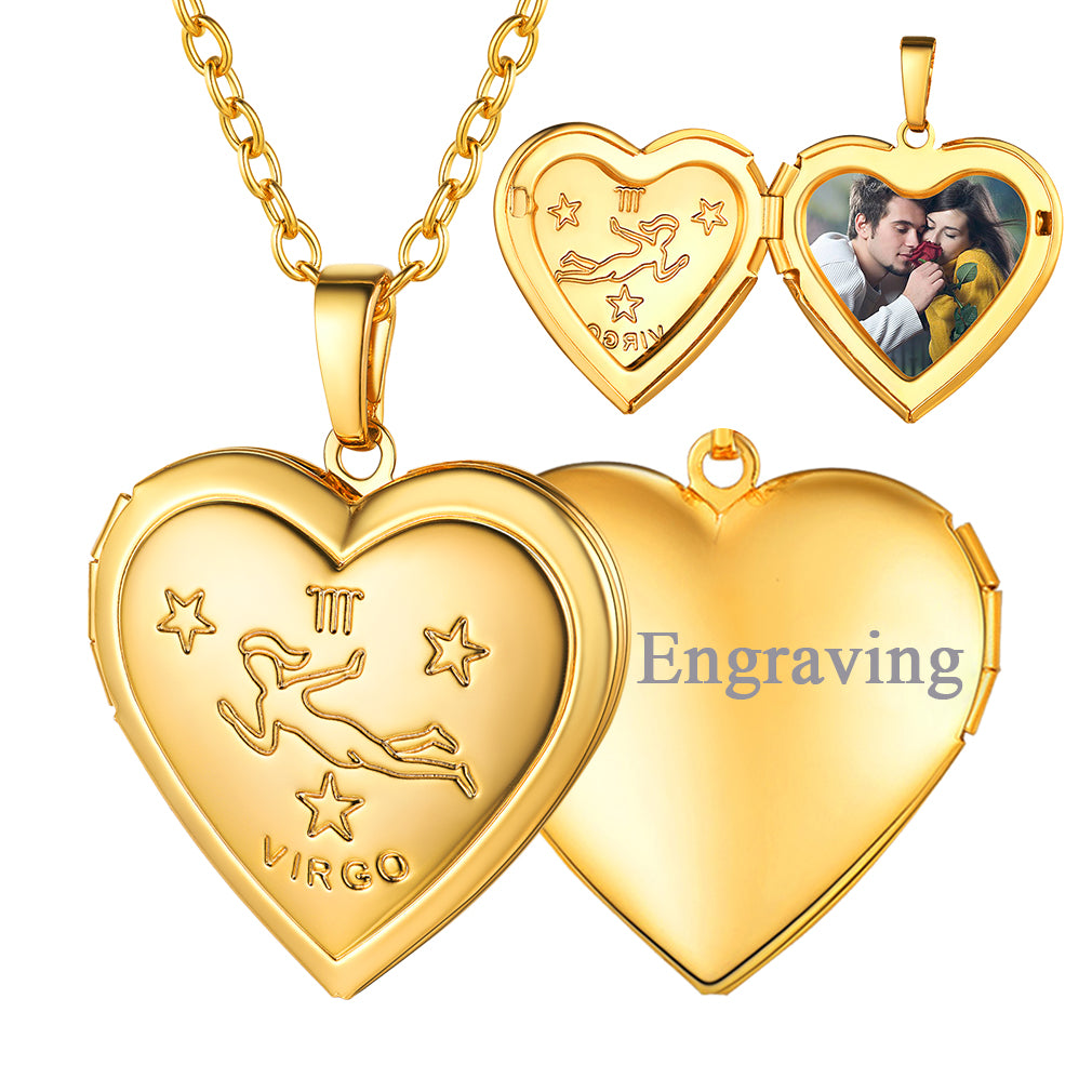 U7 Jewelry Engraved Zodiac Sign Heart Locket Necklace with Photo 