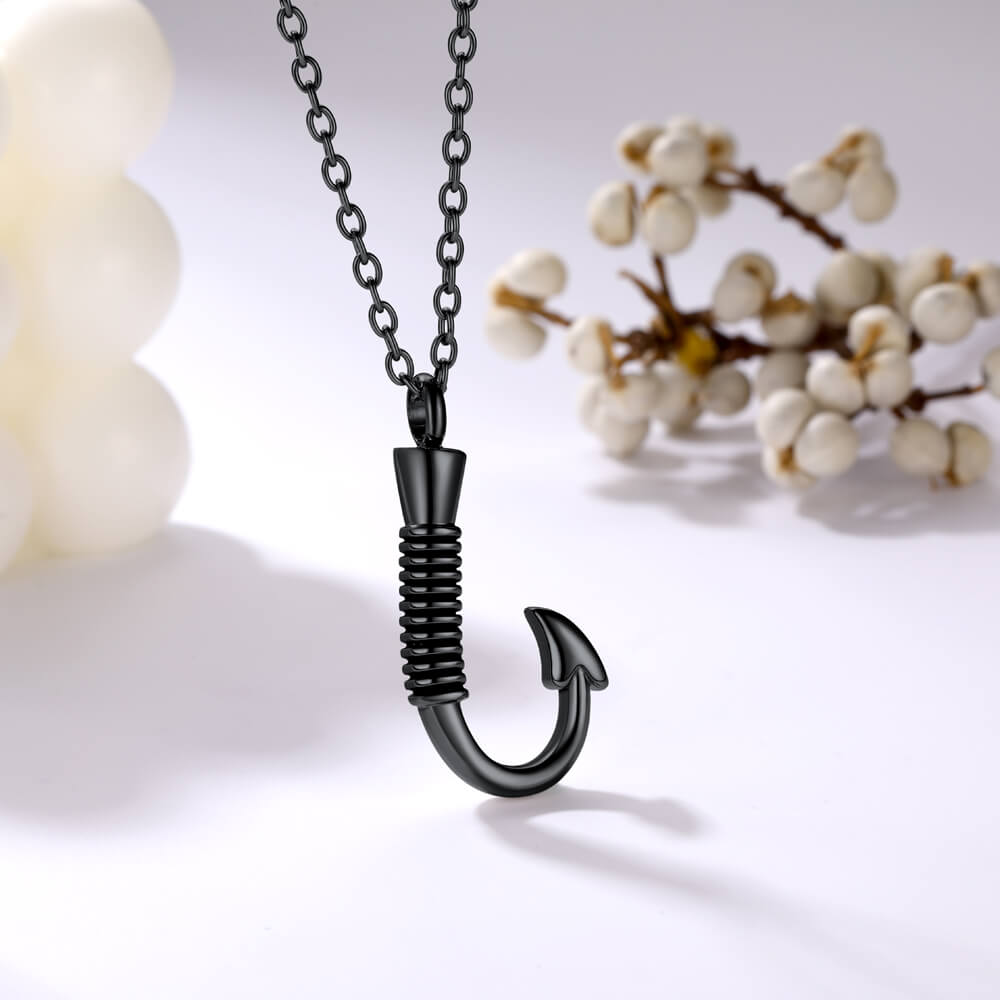 U7 Jewelry Fish Hook Pendant Urn Necklace Stainless Steel Cremation Necklace Fish Scale Pendants, Black