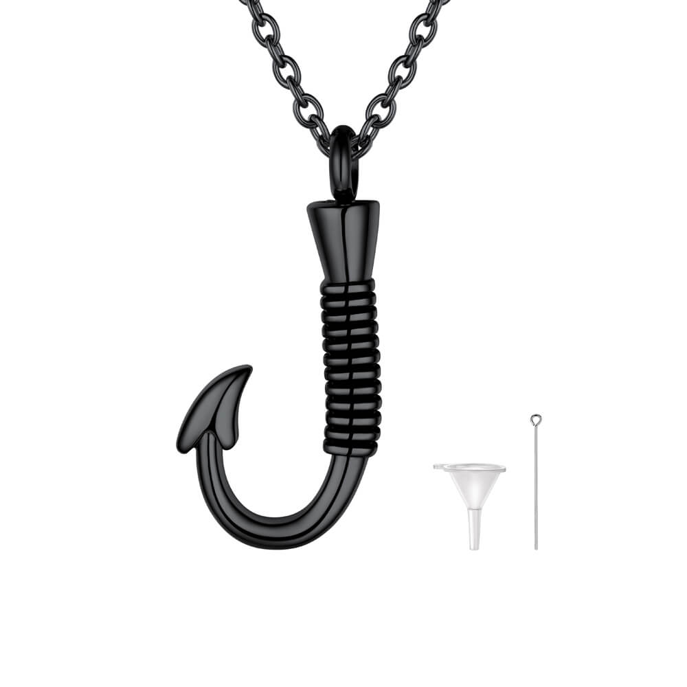 U7 Jewelry Fish Hook Pendant Urn Necklace Stainless Steel Cremation Necklace Fish Scale Pendants, Black